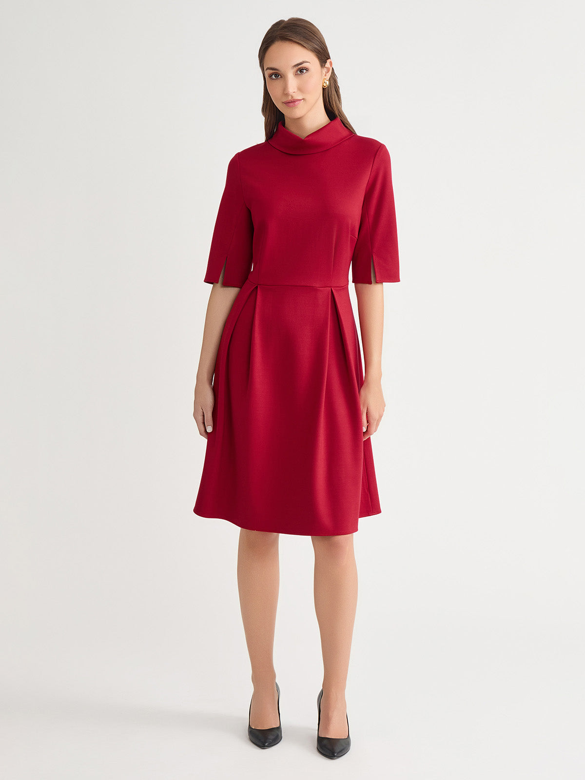A-Line Pleated LuxeStretch Ponte Dress, Scarlet Red