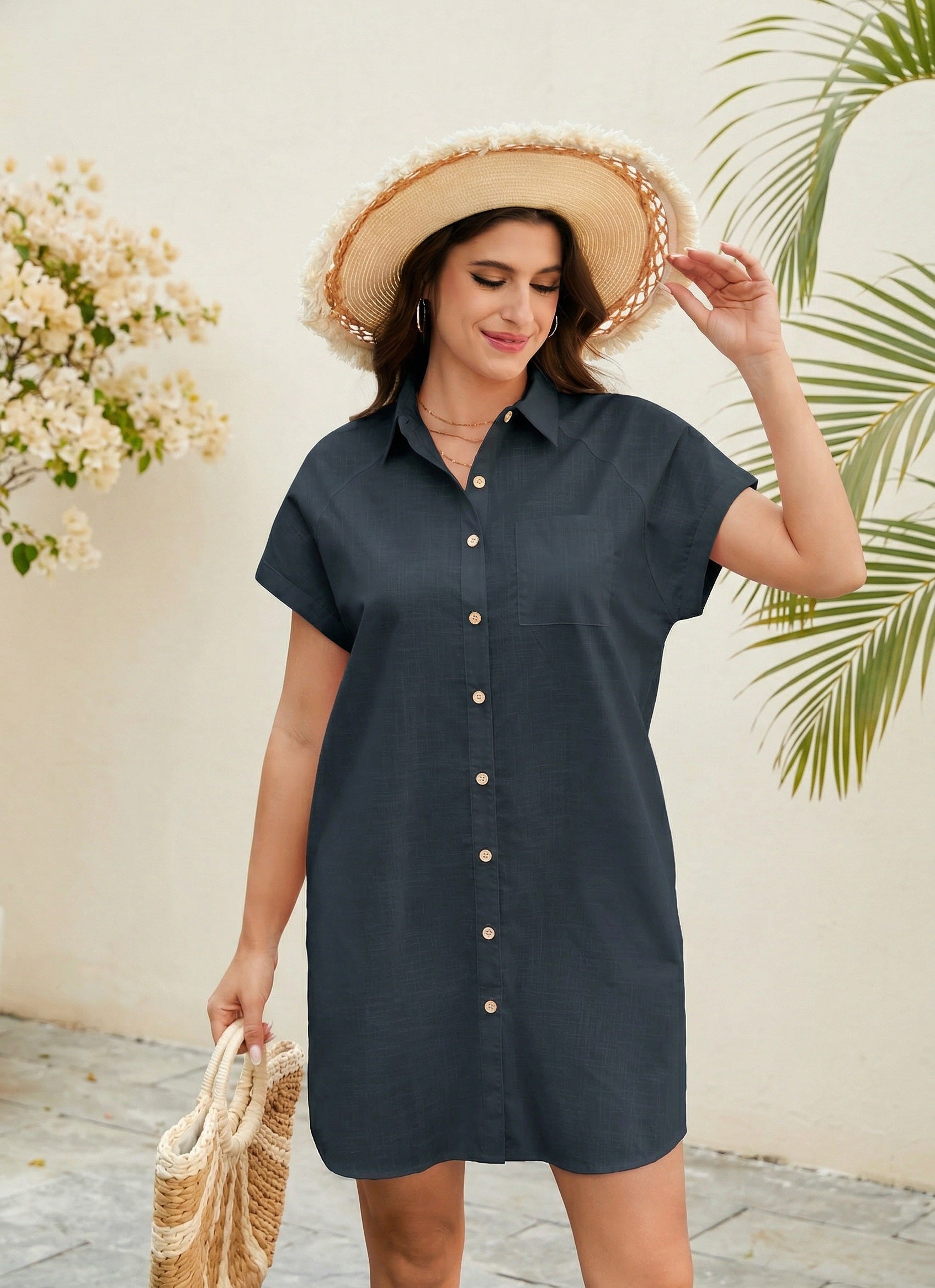 Casual Breathable % Cotton Shirt Dress with Pocket