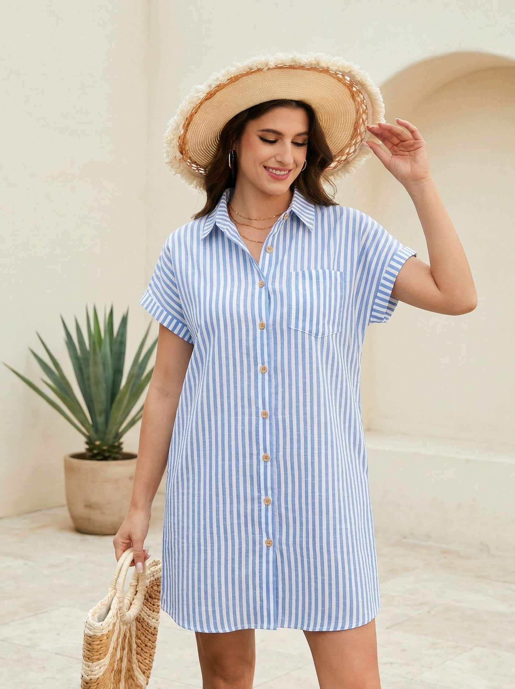 Casual Breathable % Cotton Shirt Dress with Pocket