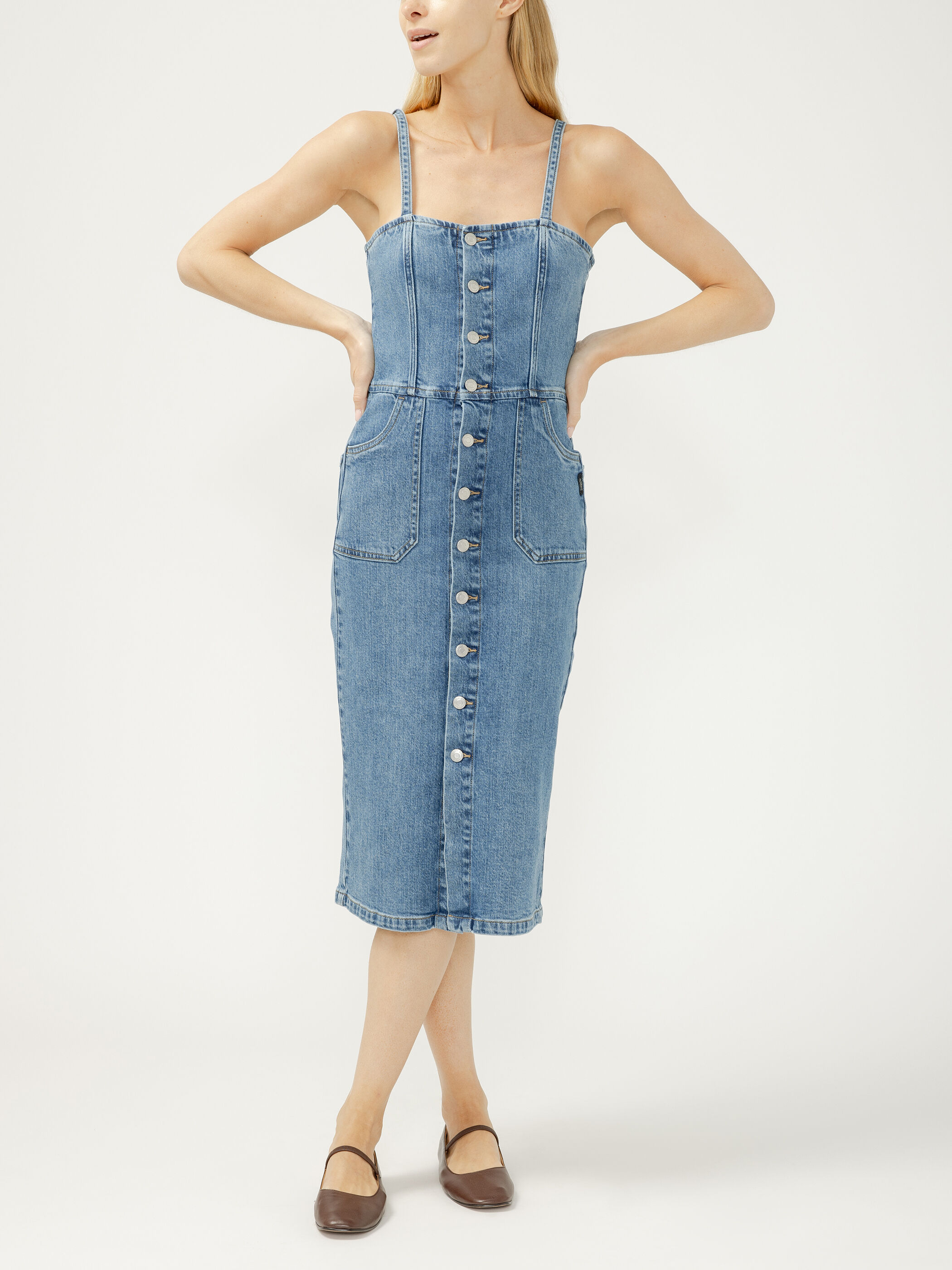 Women's Button-Front Denim Midi Dress Cocoa Size by Silver Jeans