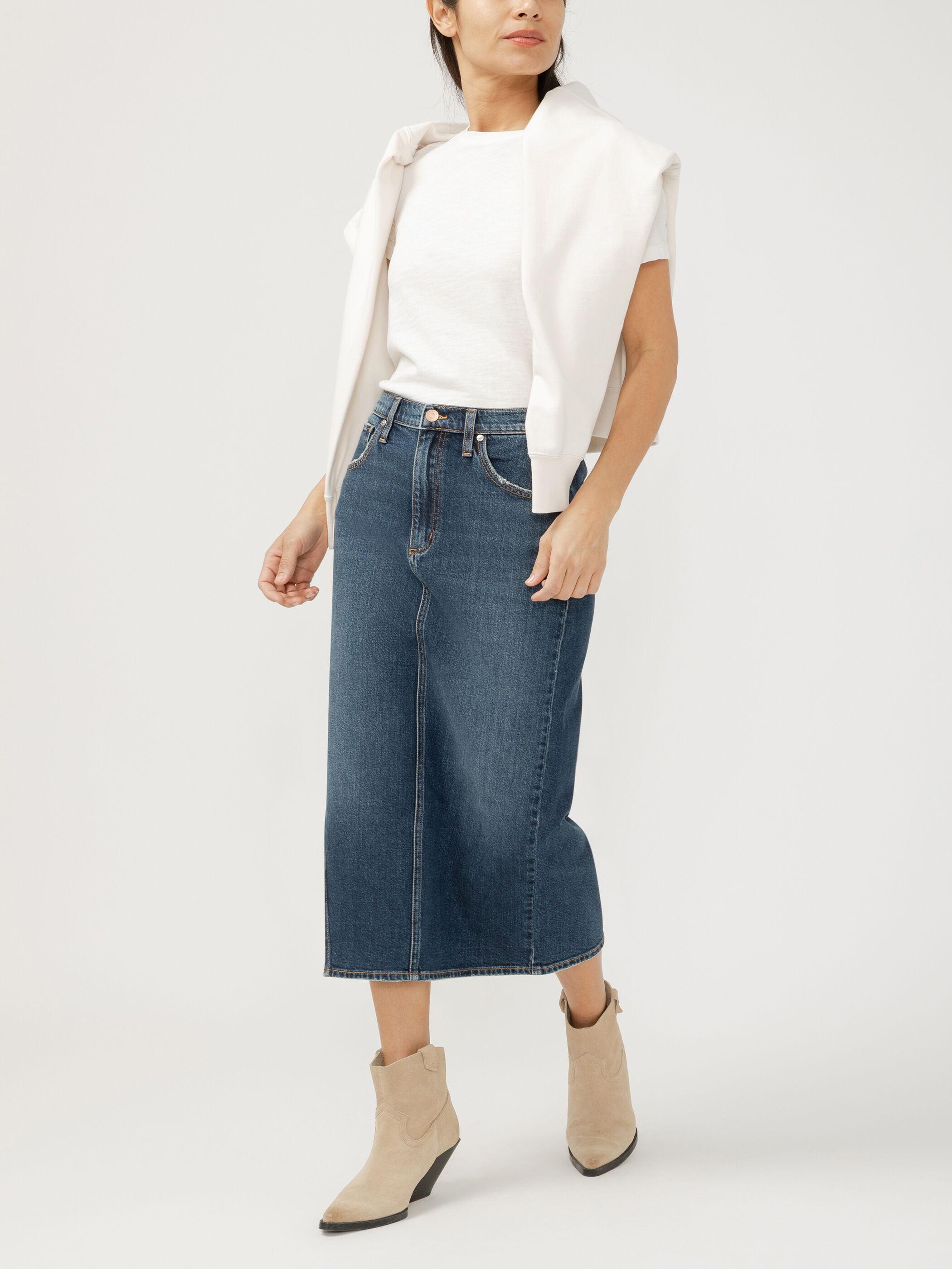Women's Side Slit Denim Midi Skirt Dolly Size by Silver Jeans