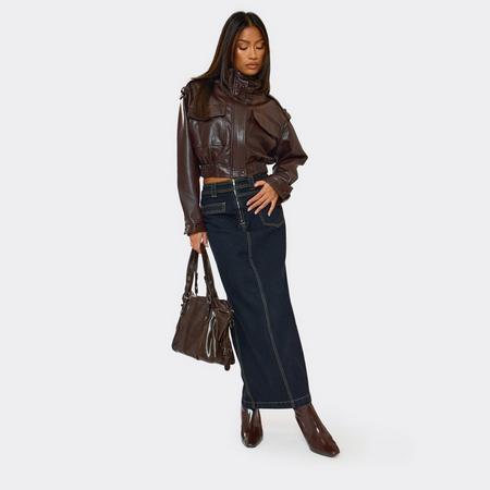 Mid Rise Pocket Detail Maxi Skirt In Indigo Blue Denim, Women's Size