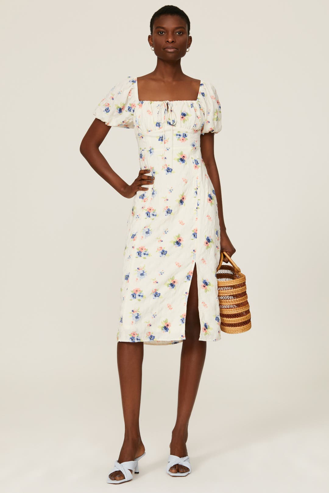 Louna Puff Sleeve Midi Dress Cream-multicolored-print