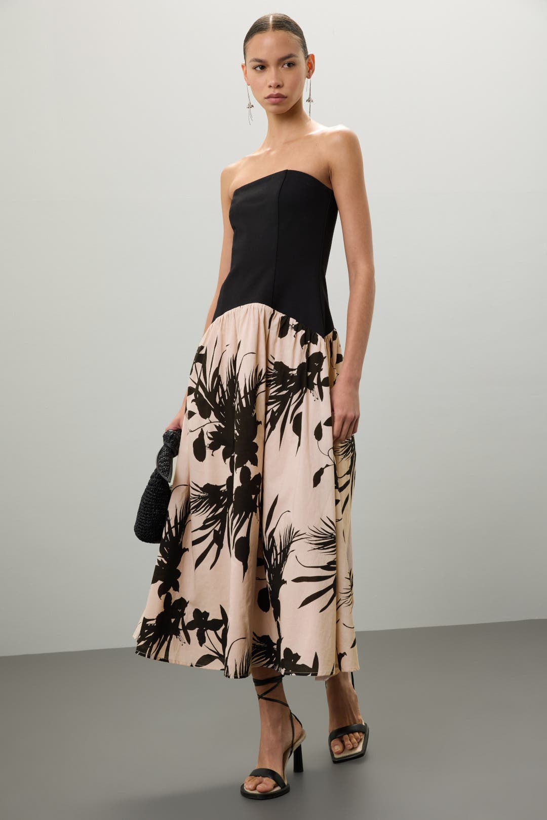 Love, Whit by Whitney Port Strapless Drop Waist Dress Black-cream-print