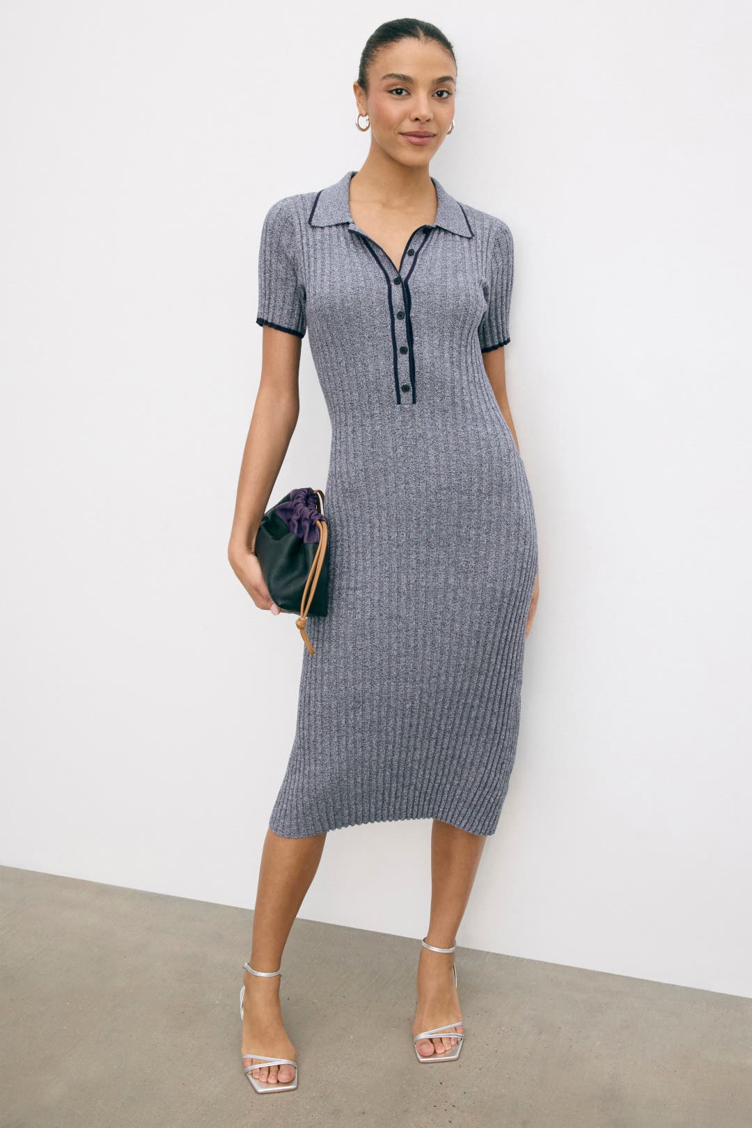 Luxely Grey Ribbed Knit Midi Dress Grey-blue