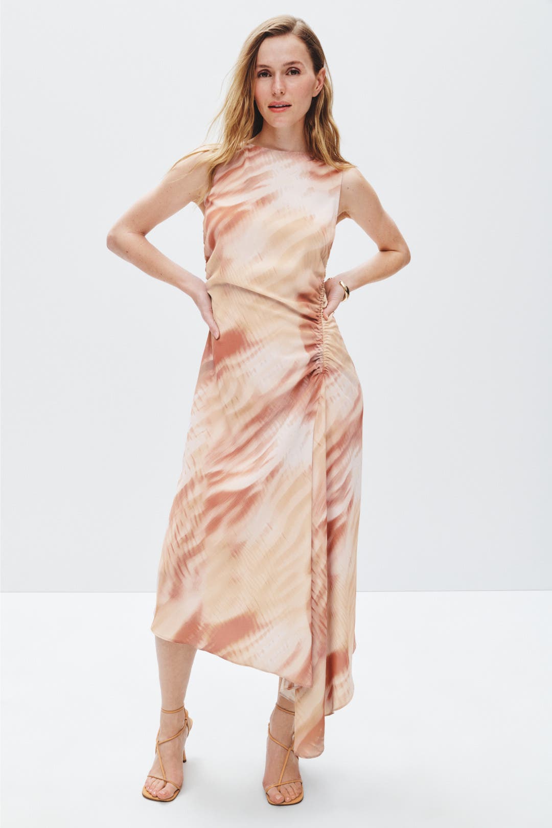 Luxely Ruched Asymmetrical Midi Dress Cream-multicolored-print
