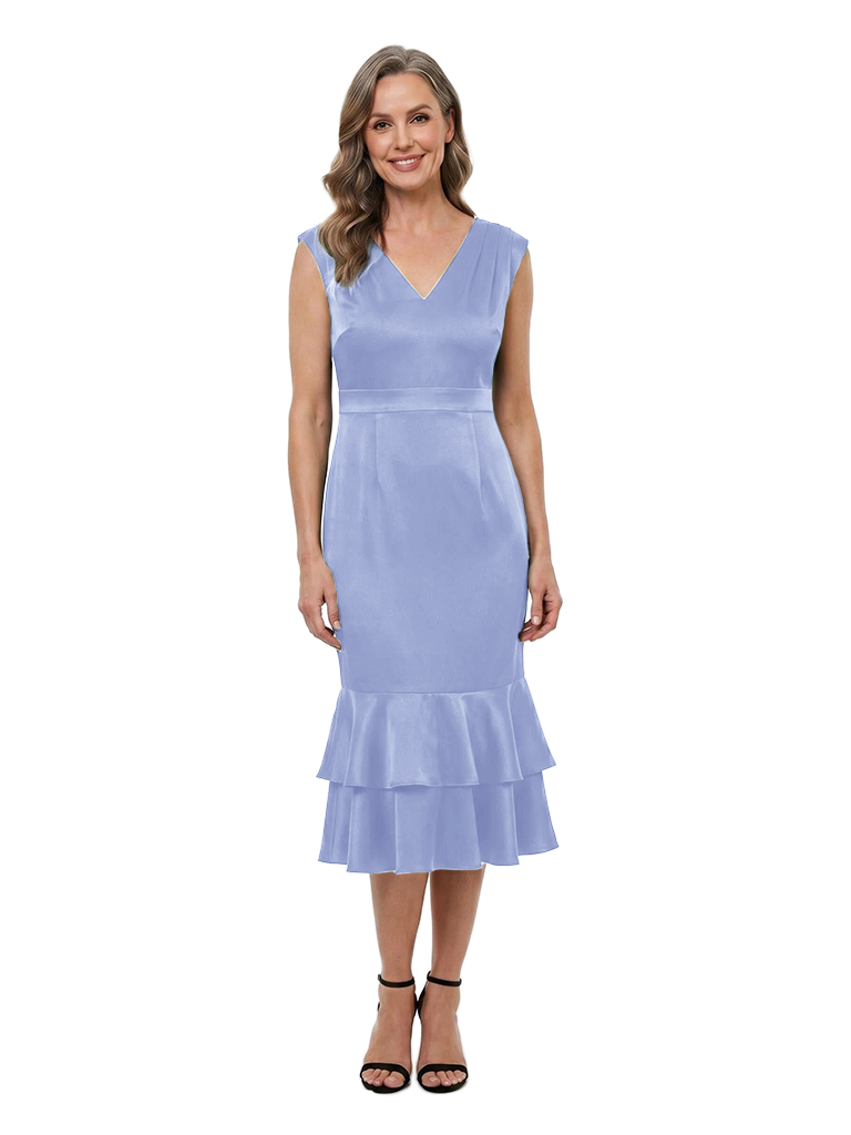 ChicSew V-Neck Sleeveless Satin Tea Length Sheath Dress With Tiered Ruffle Hem