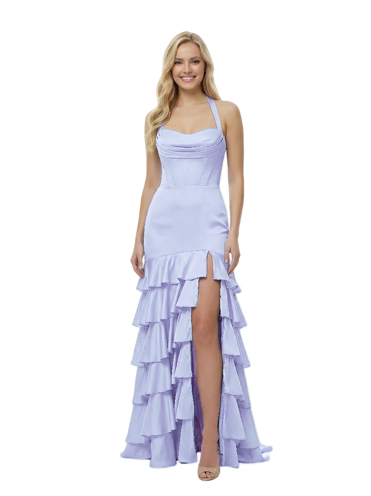 Charming Halter Corset Tiered Ruffles Satin Mermaid Satin Prom Dress