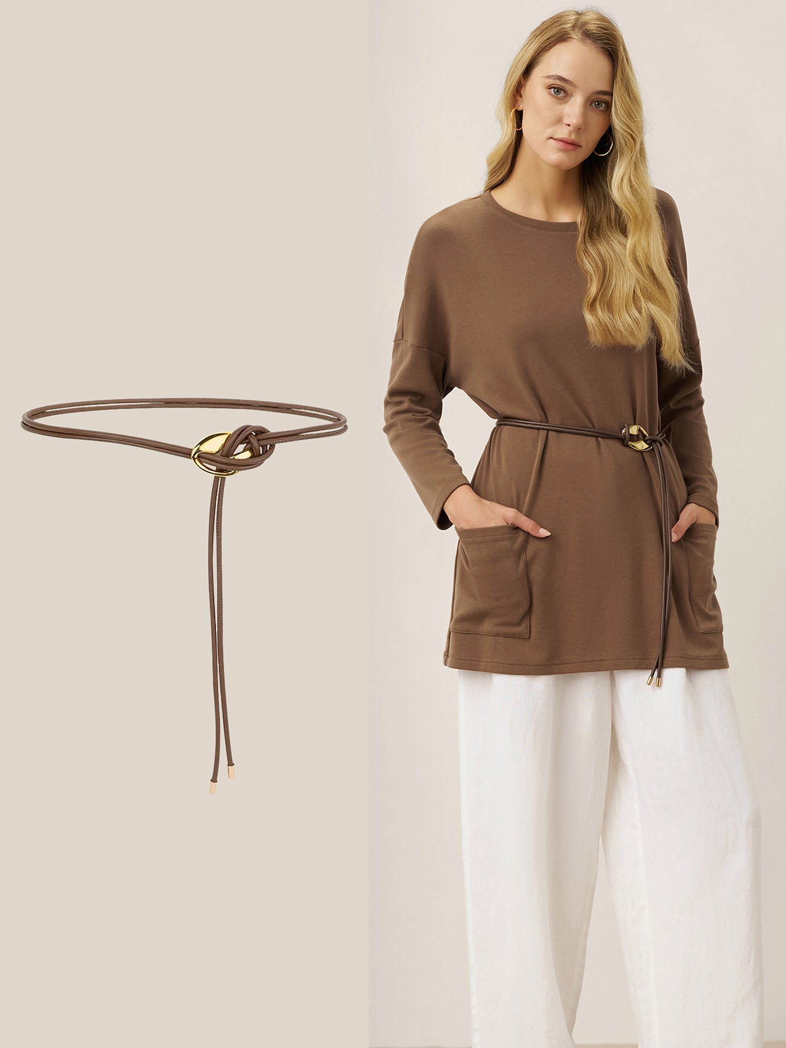 Recycled Leather Belt Versatile Styling Waist Accessory AURELIA - Caramel Brown One Size