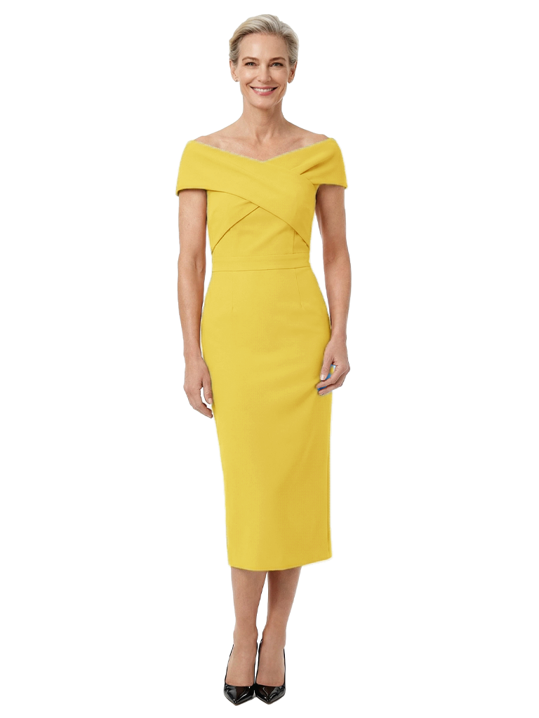 Chicsew Mother of The Bride Dress Classy Off Shoulder Crepe Sheath Midi Gown Modern Wrap Detail