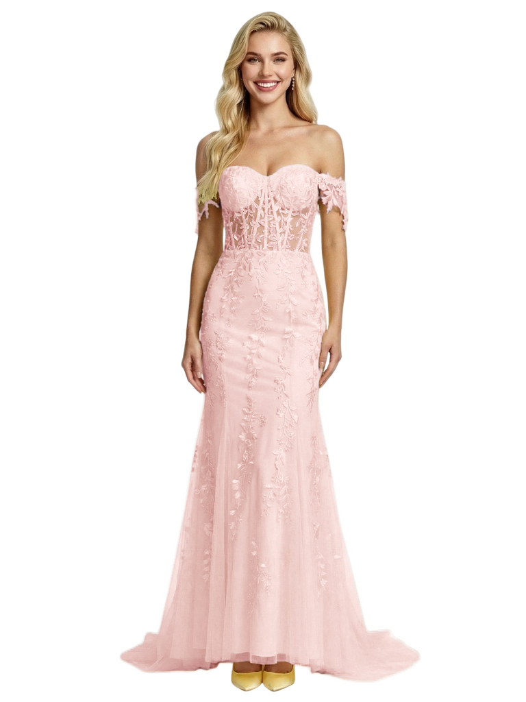 Elegant Lace Appliques Off the Shoulder Tulle Corset Mermaid Prom Dress