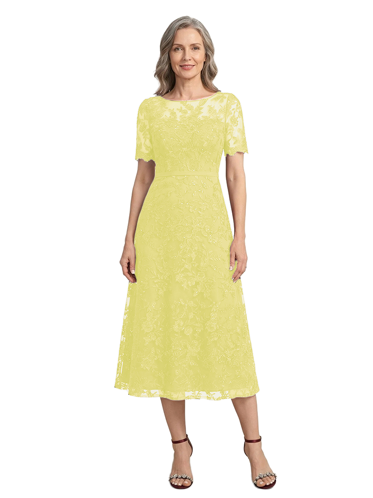 ChicSew Classy Lace A-Line Midi Mother Of The Bride Dress With Short Sleeves Illusion Neckline