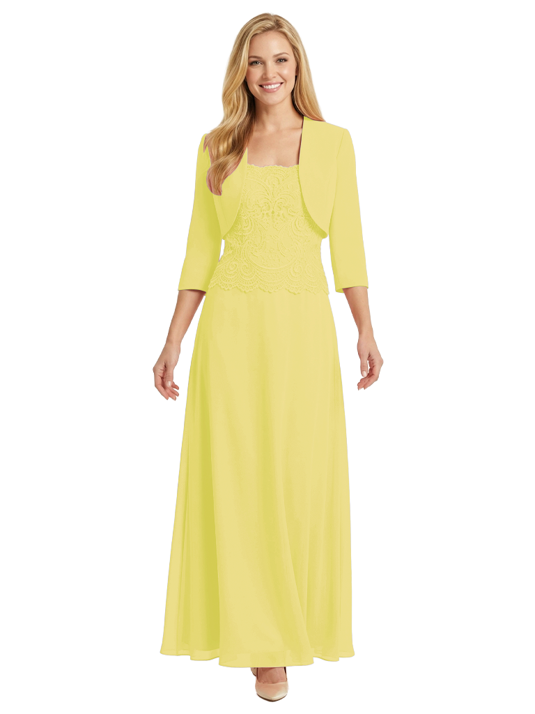 Mother of The Bride Outfit Square Neck Half Sleeve Lace Chiffon Maxi Dress with Jacket
