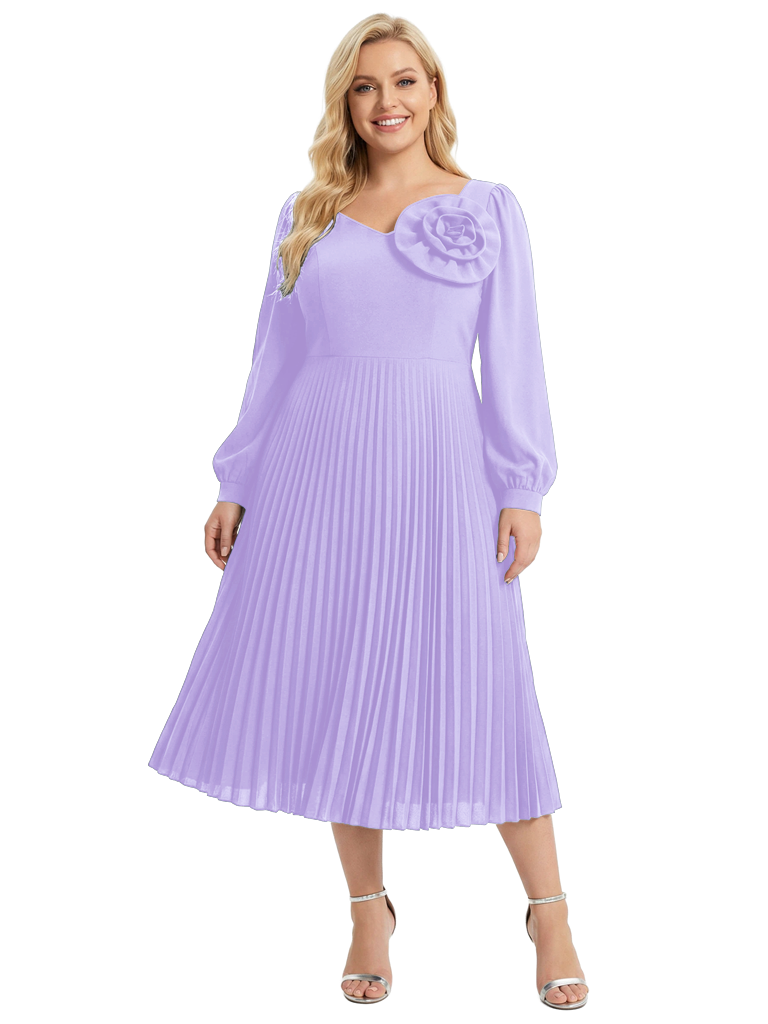 Chicsew Mother of The Bride Dress Beautiful V-Neck Long Sleeve Chiffon Pleated Midi Gown Flower Accent