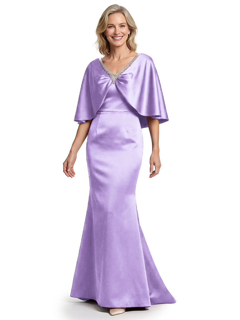 Chic V-Neck Cape Sleeve Satin Mother of The Groom Dress Floor-Length MermaidSophisticated Wedding Event Outfit