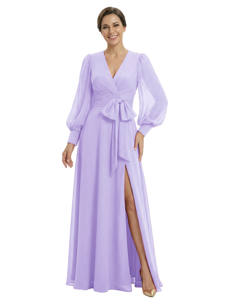 Classy V-Neck Long Sleeves A-Line Floor-Length Chiffon Mother Of The Bride Dress