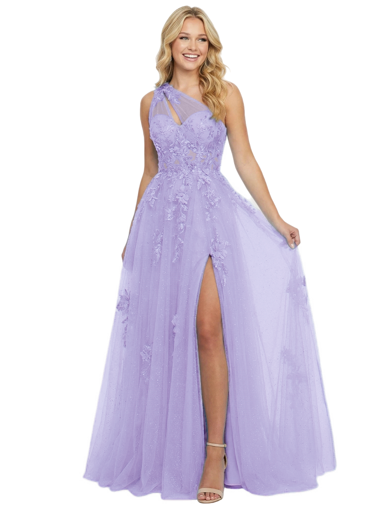 Sexy One Shoulder Sleeveless Tulle Lace Appliques Side Slit A-Line Formal Prom Dress