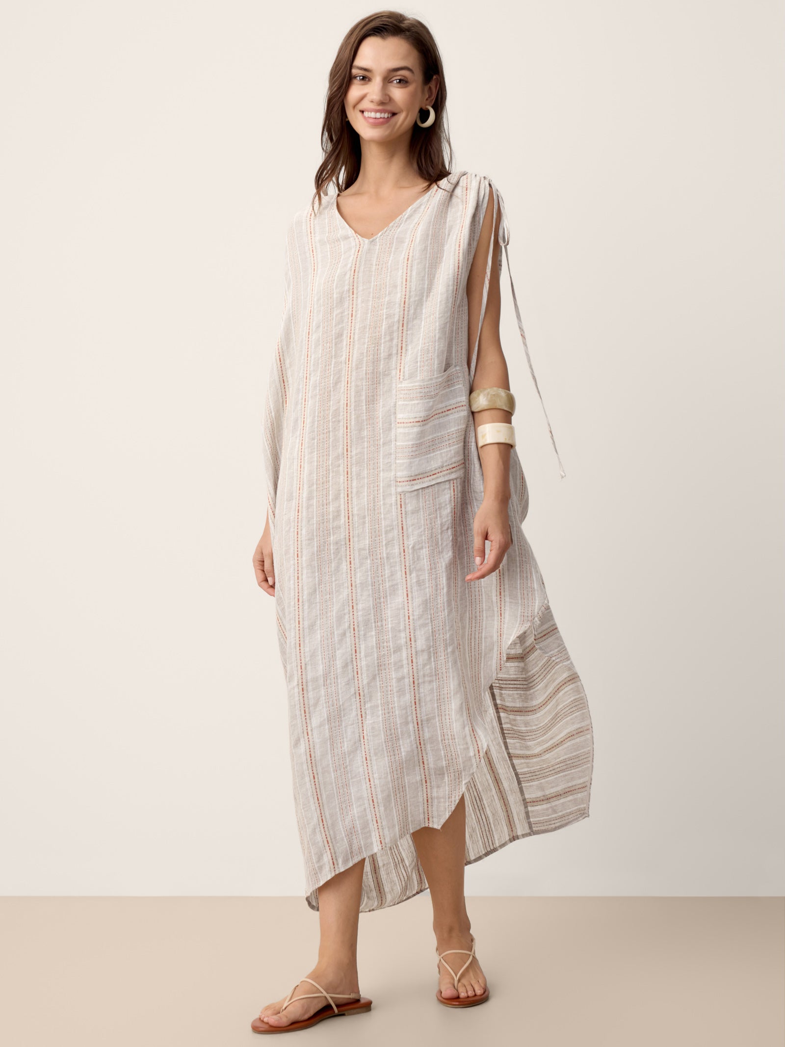Linen Asymmetric Drawstring Maxi Dress NADIA - Clay Stripe One Size