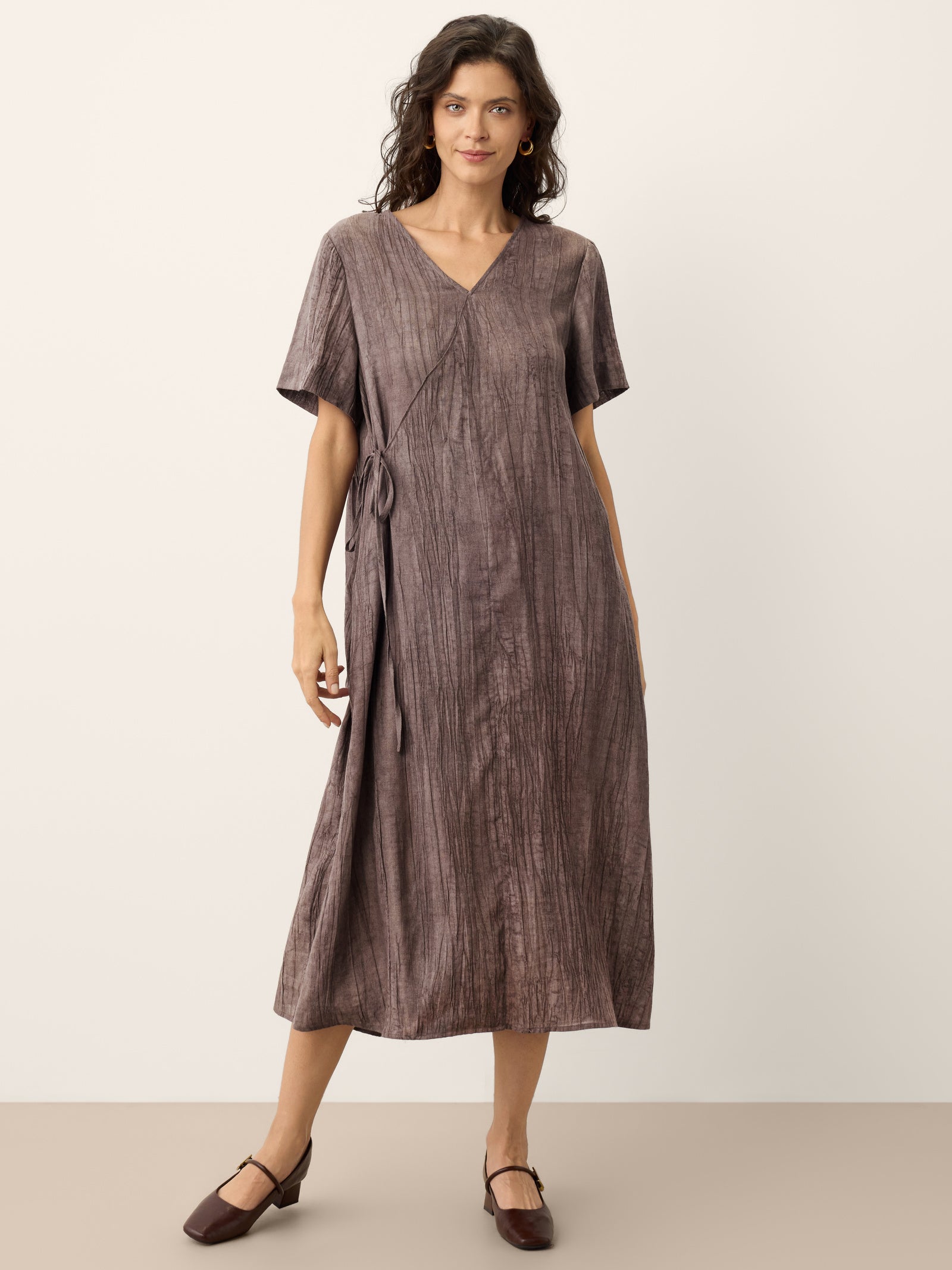 Lyocell Textured V Neck Tie Waist Maxi Dress SANNA
