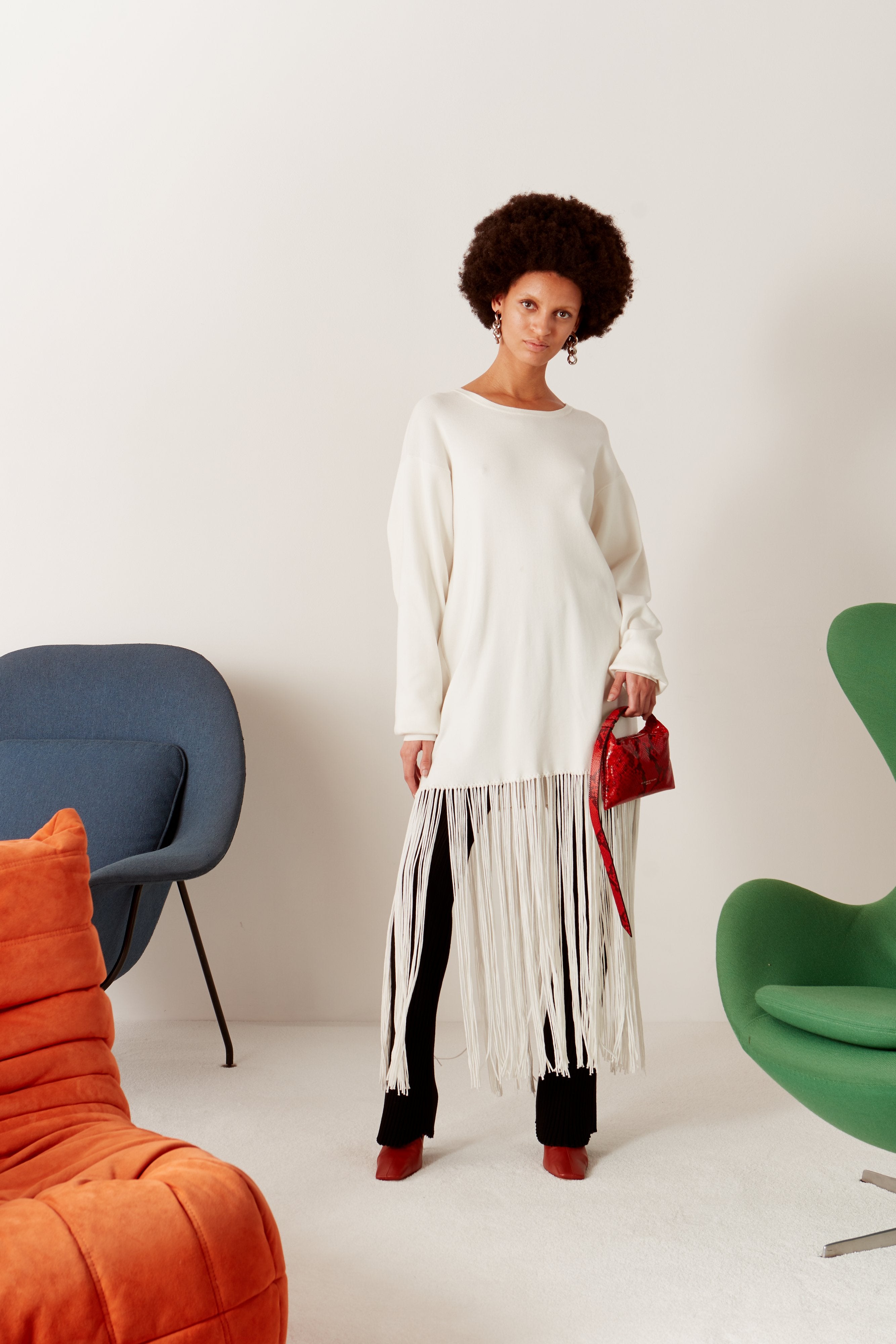 Evita Fringe Sweater Dress in White
