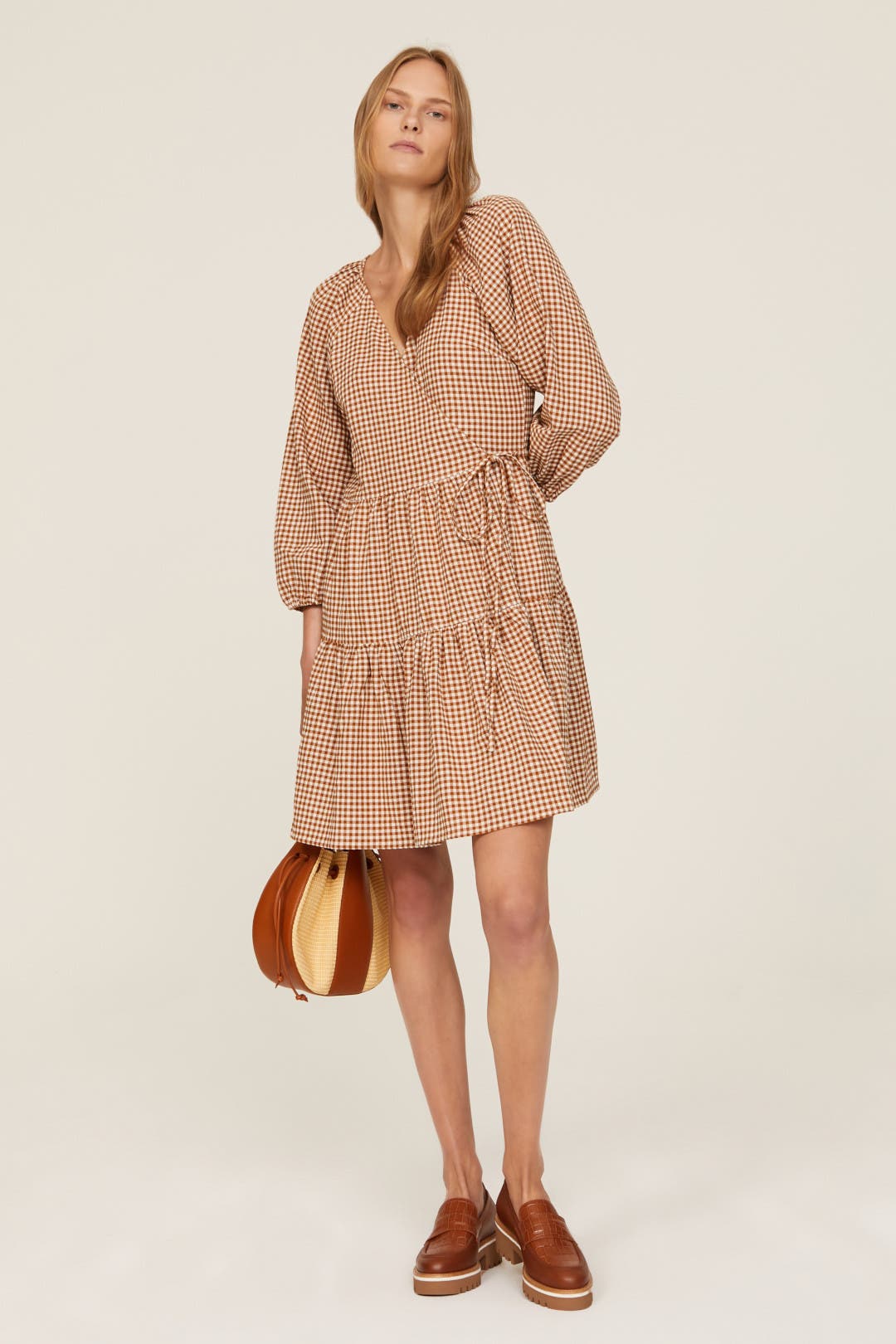 Madewell Gingham Tiered Mini Dress Brown-print
