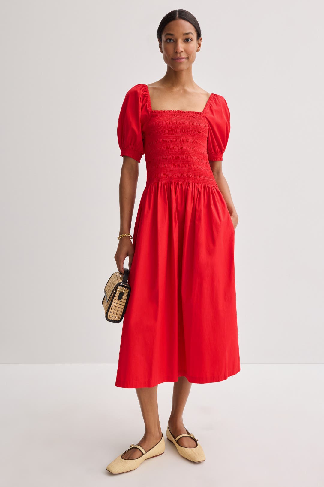 Madewell Smocked Puff Sleeve Midi Dress Red