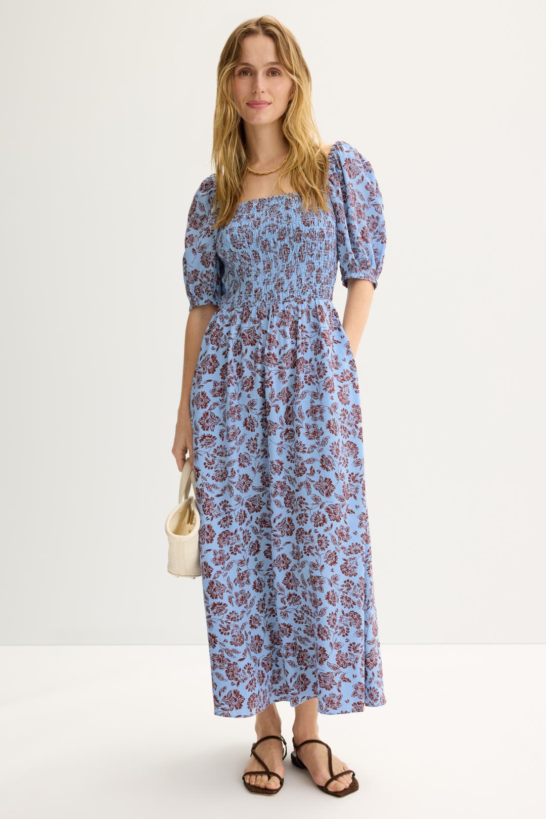 Madewell Smocked Short Sleeve Midi Dress Blue-red-print
