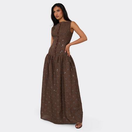 Sleeveless Floral Sequin Detail Button Up Maxi Dress In Brown, Women's Size