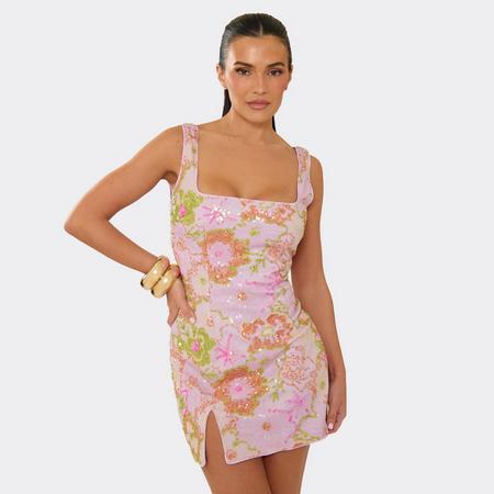 Square Neck Floral Sequin Detail Split Hem Mini Dress In Pink, Women's Size