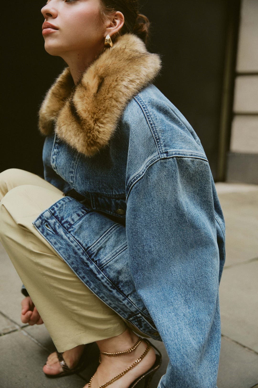 Michael Kors Denim Long Jacket With Fur Collar Blue
