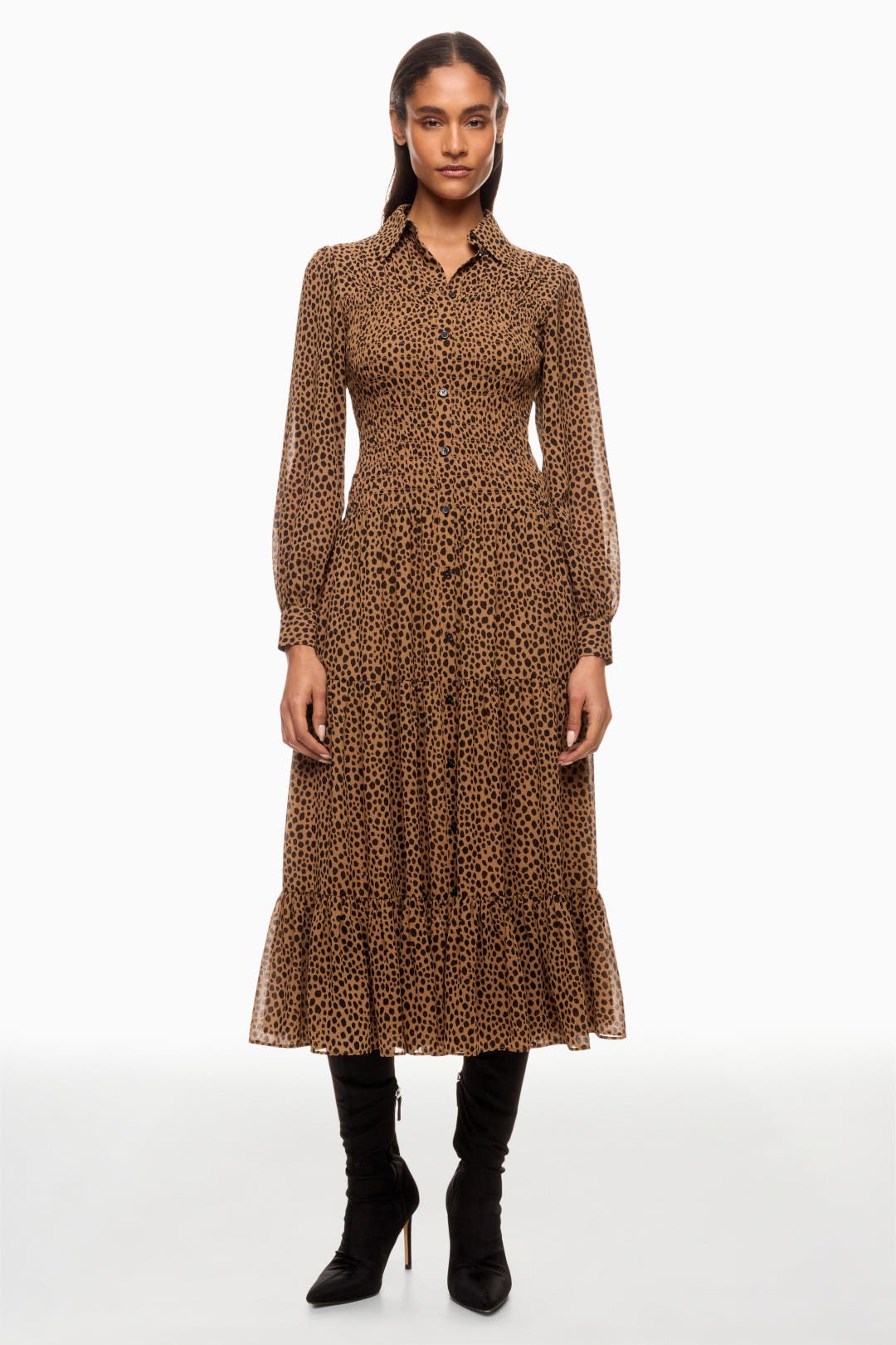 Michael Kors Smock Button Down Shirt Dress Brown-black-print