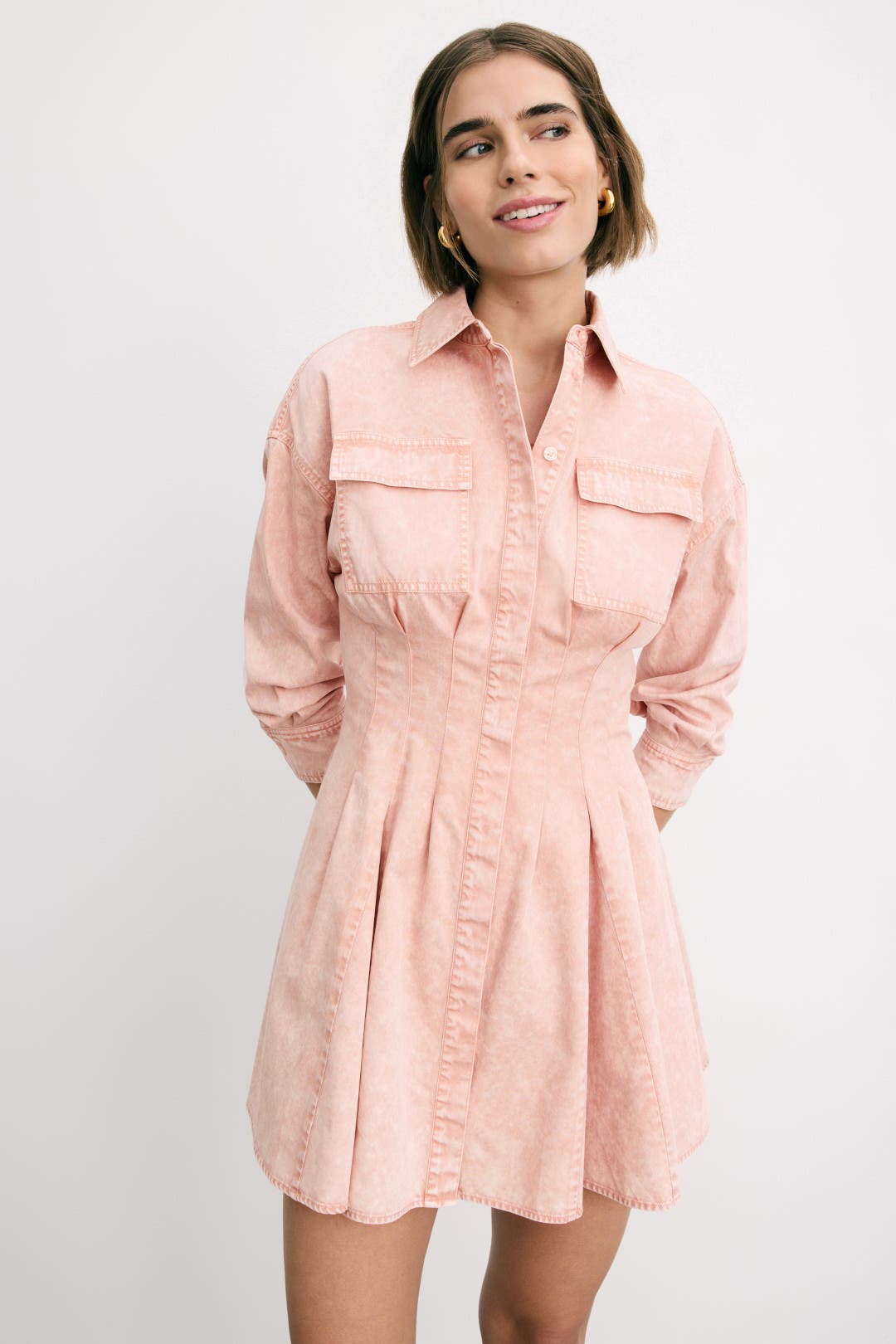 Michael Kors Denim Pleat Shirt Dress Pink
