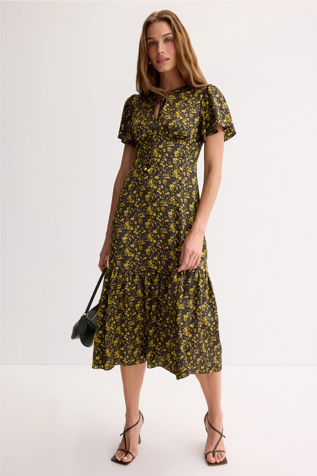 Michael Kors Floral Midi Dress Black-yellow-print