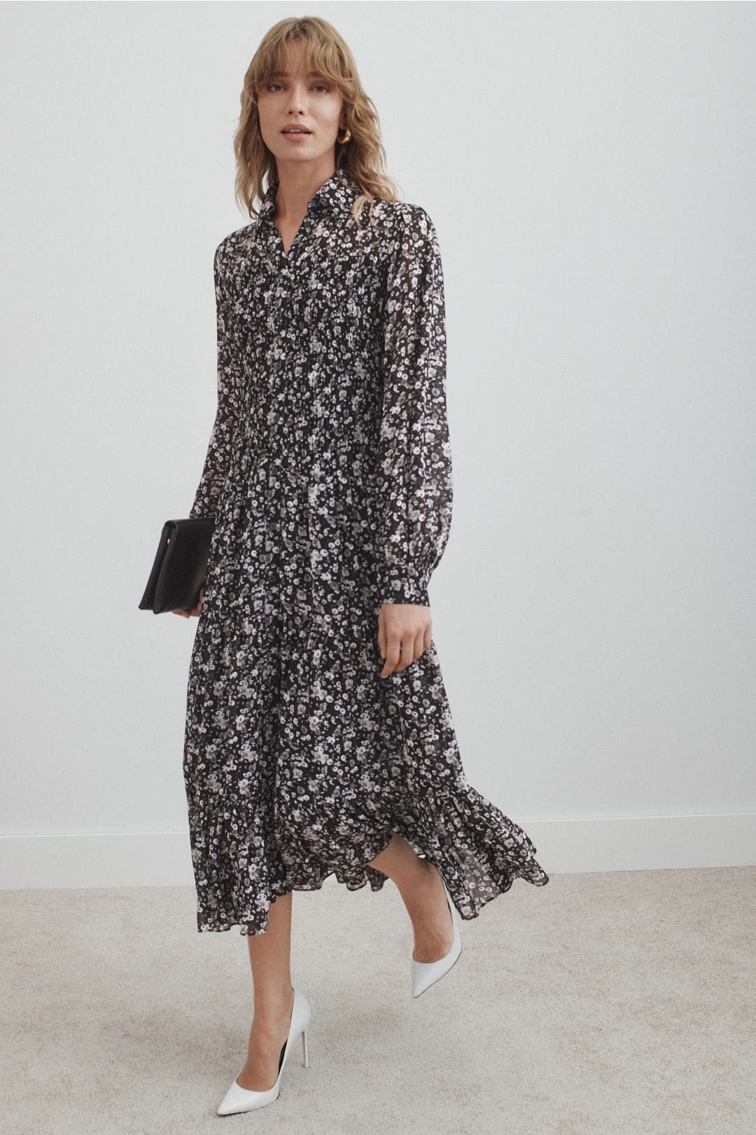 Michael Kors Smocked Button Down Shirt Dress Black-grey-print