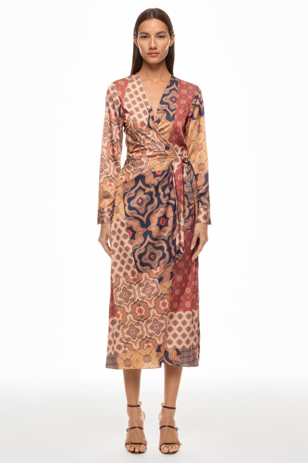 Misa Los Angeles Eliza Patchwork Wrap Dress Multicolored-brown-print