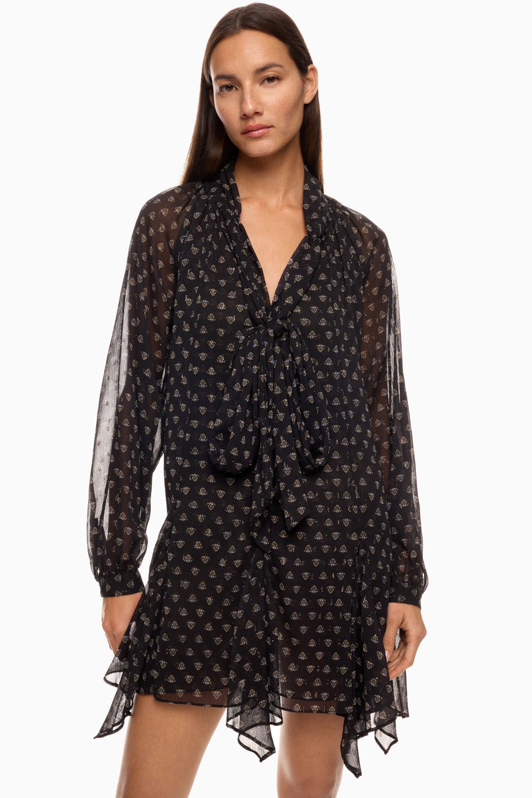 Misa Los Angeles Cindy Mini Dress With Neck Tie Black-gold-print