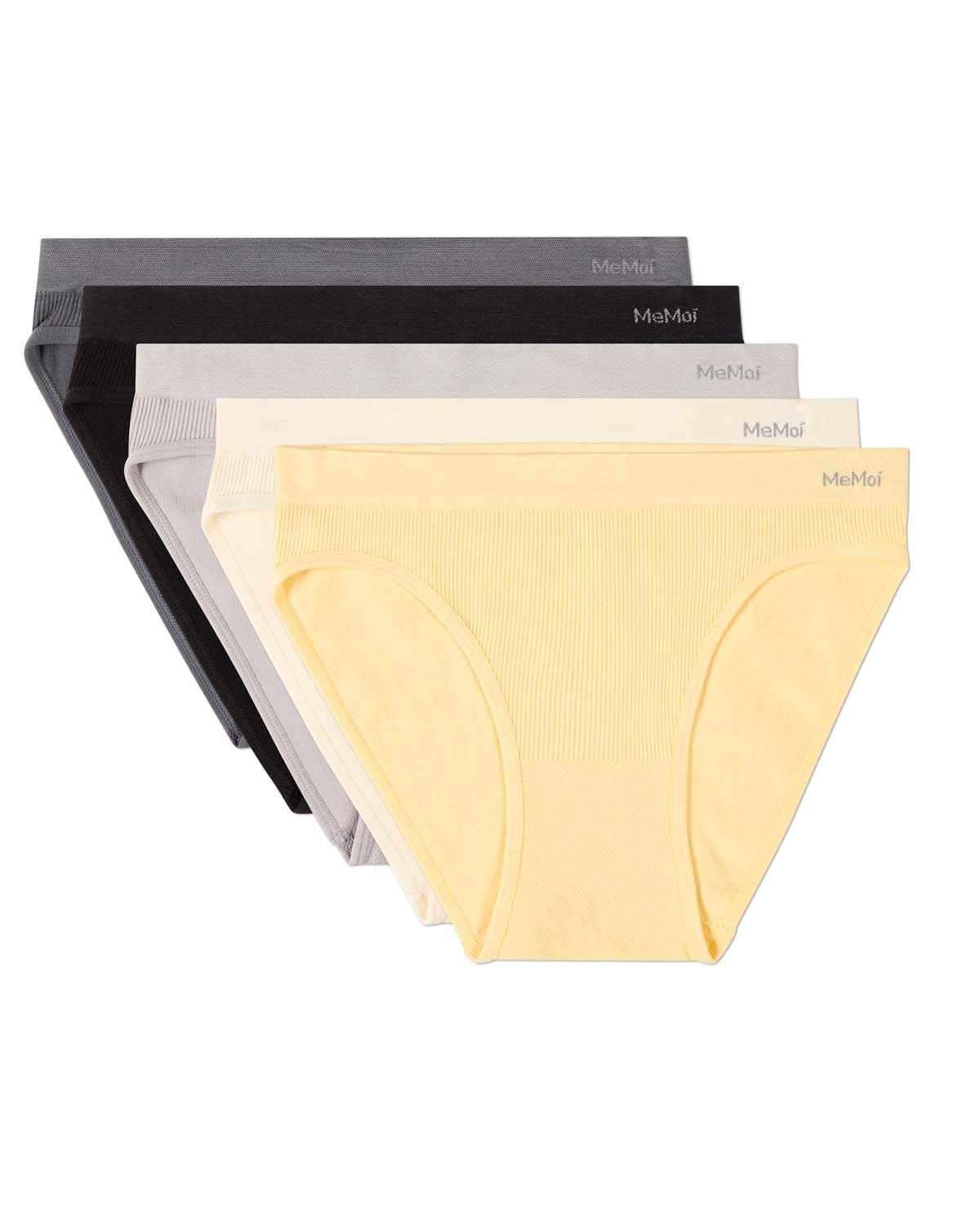Pair Women's Seamless Pin-Rib Tag-Free Bikini Panties - Asst- Butter Yellow Egret Silver Sconce Black Turbulance