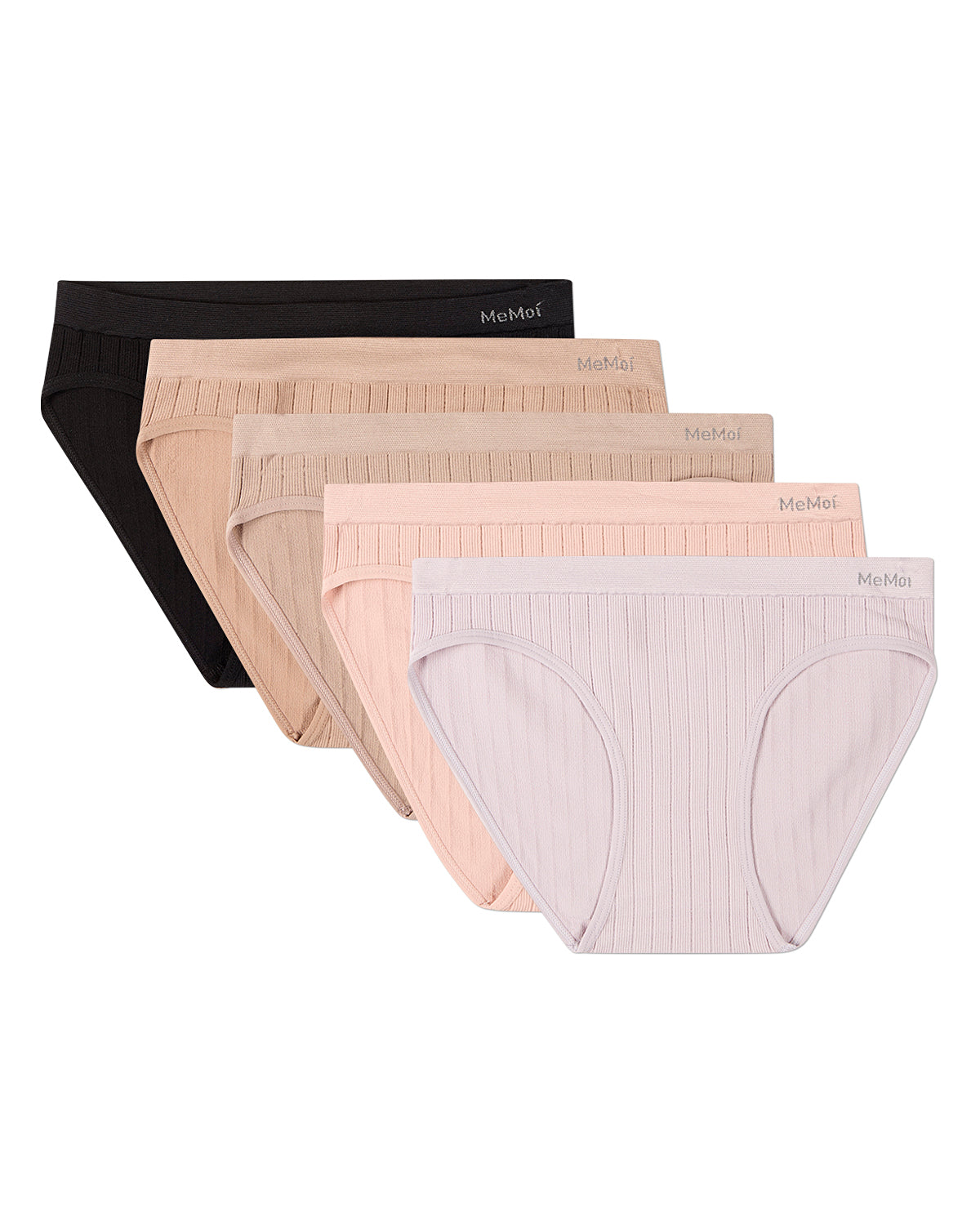 Pair Women's Seamless Wide-Rib No-Show Tag-Free Bikini Panties - Asst- Misty Lilac Sepia Rose Etherea Warm Taupe Black