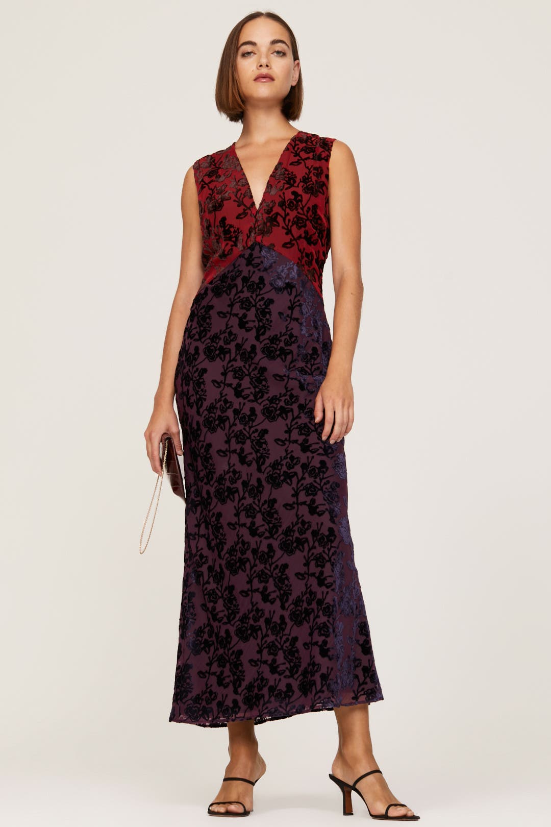 Marina Moscone x RTR Velvet Slip Dress Red-purple-print