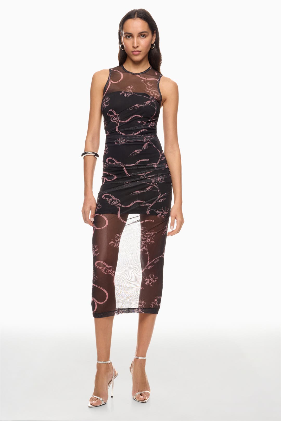 Moschino Jeans Floral Tulle Print Dress Black-pink-print