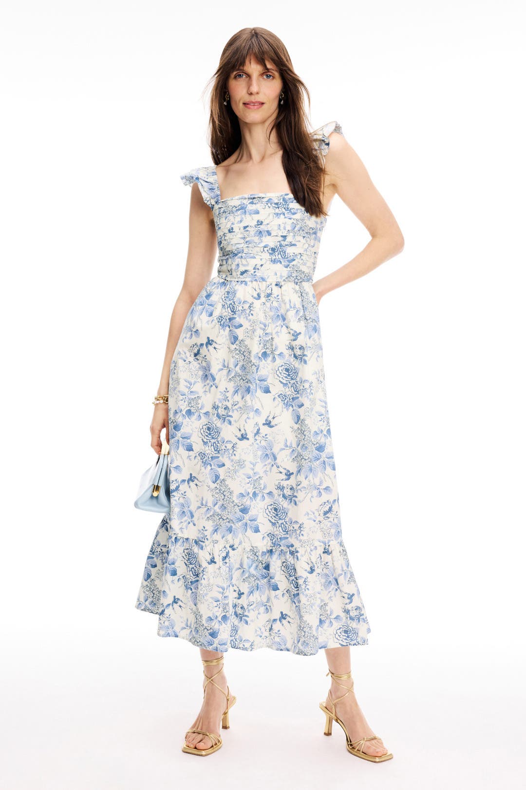 Moon River Shirred Tiered Floral Midi Dress Cream-blue-print