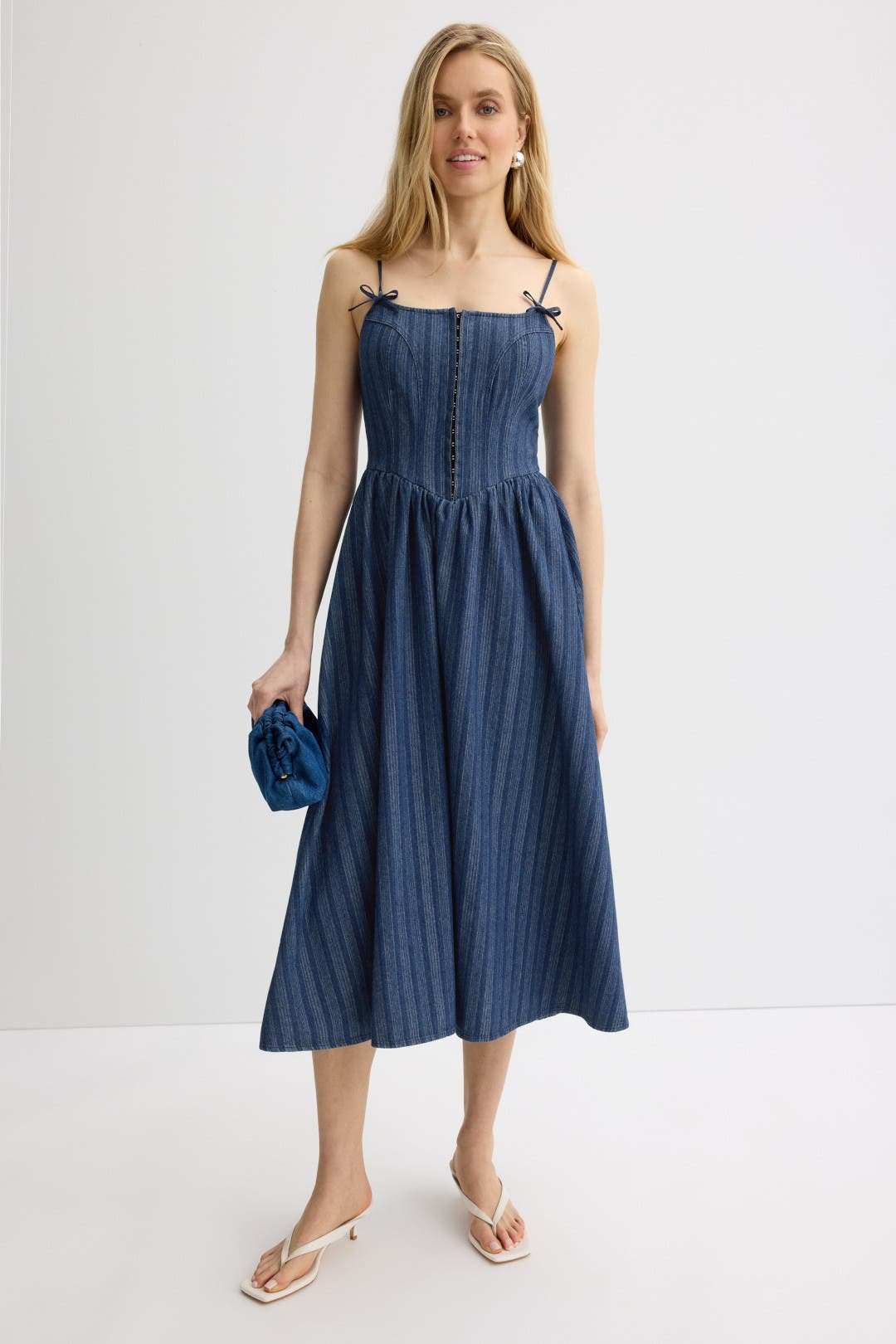 Moon River Strap Bow Detail Denim Midi Dress Blue