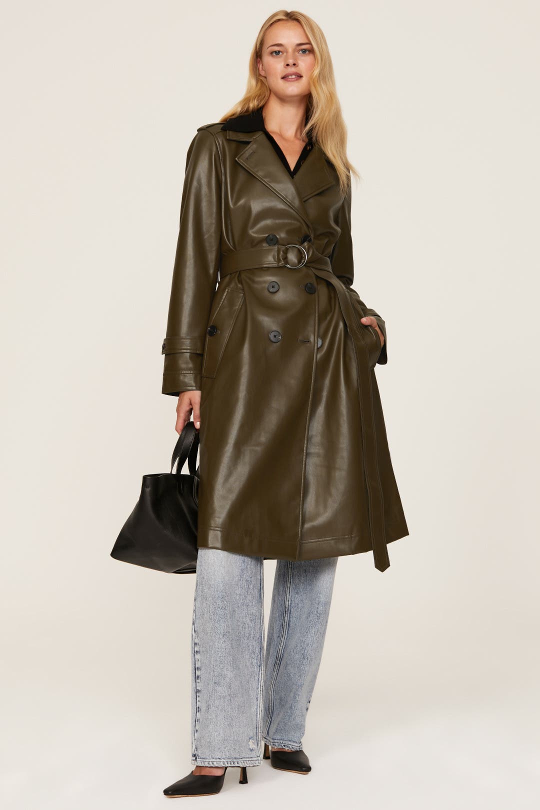 Marissa Webb x RTR Faux Leather Trench Coat Green