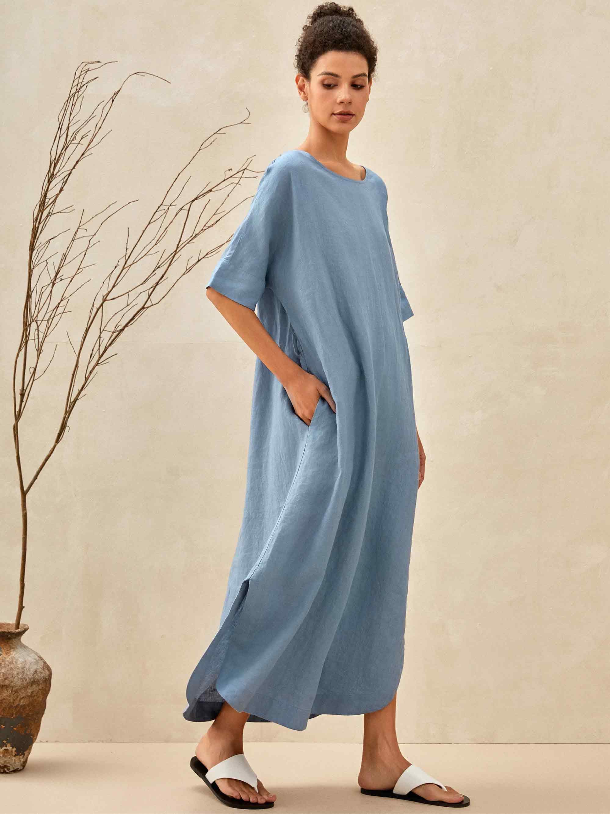 % Linen Loose Fit Kimono Maxi Dress MADDIE