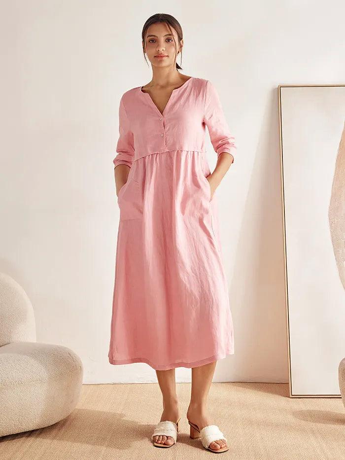 % Linen Loose Fit Button Waist Gathered Maxi Dress LUNA