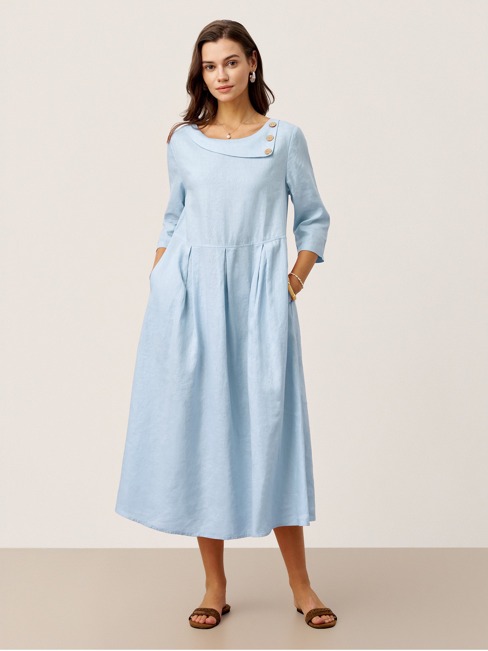 % Linen Crescent Neck Decorative Button Waist Pleated Maxi Dress GWENYTH