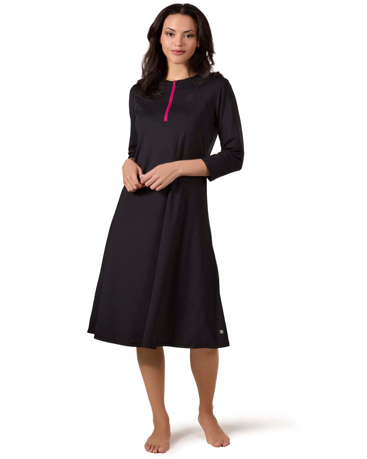 Women's Half-Zip -Sleeve UPF Modest Swim Dress - Black