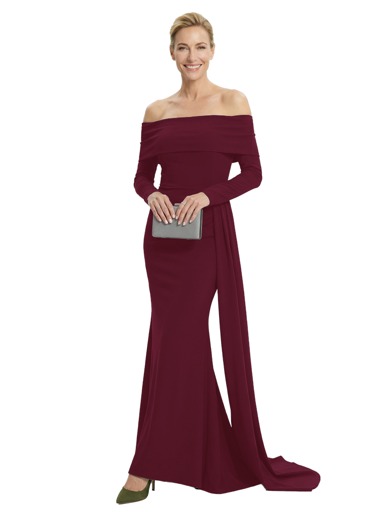 Chicsew Mother of The Groom Dress Off Shoulder Long Sleeve Trumpet Maxi Gown with Train Classy Silhouette