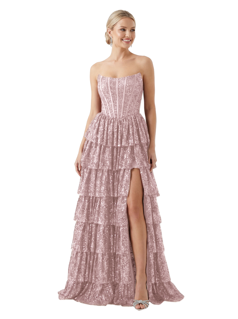 ChicSew Sexy Strapless Corset Prom Dress Sequin Tiered Ruffle Slit Floor Length Formal Evening Gown