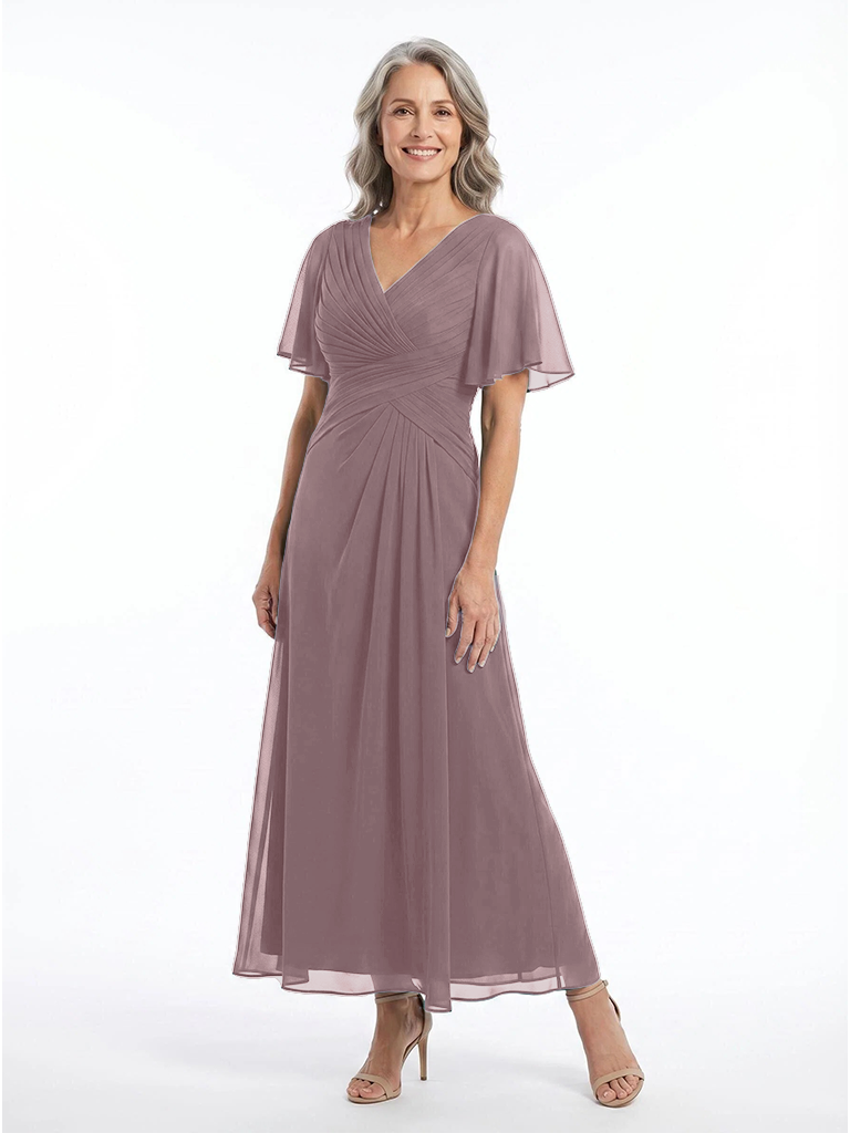 ChicSew V-Neck Flutter Sleeve Pleated Chiffon Ankle Length A-Line Mother of the Bride Dress
